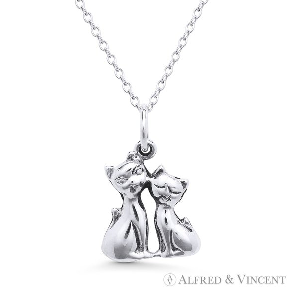 Cat Couple Love Charm Animal Pendant in Oxidized-Finish .925 Sterling Silver - Picture 1 of 1